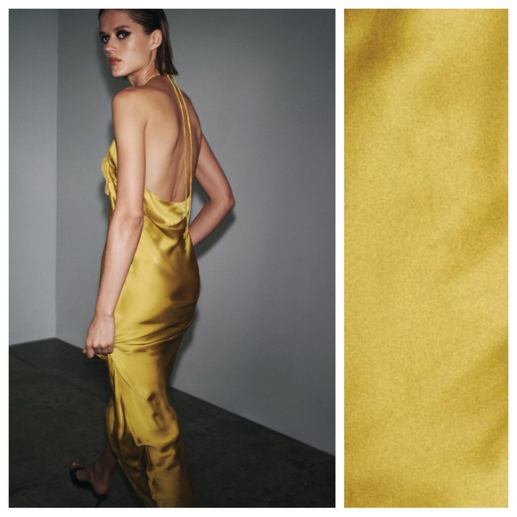 NWT. Zara Olive Green Satin Effect Long Dress with Embossed Flower. Size XS. - Picture 4 of 13